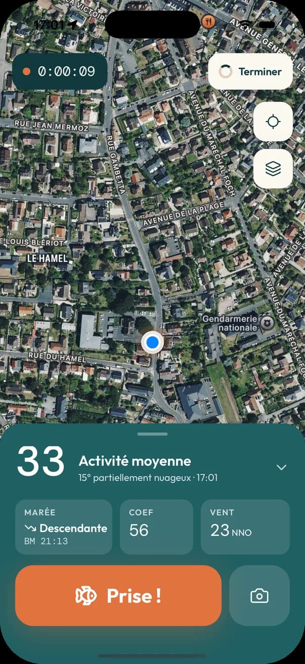 Sortie en cours : carte satellite, chrono, et bouton Prise !